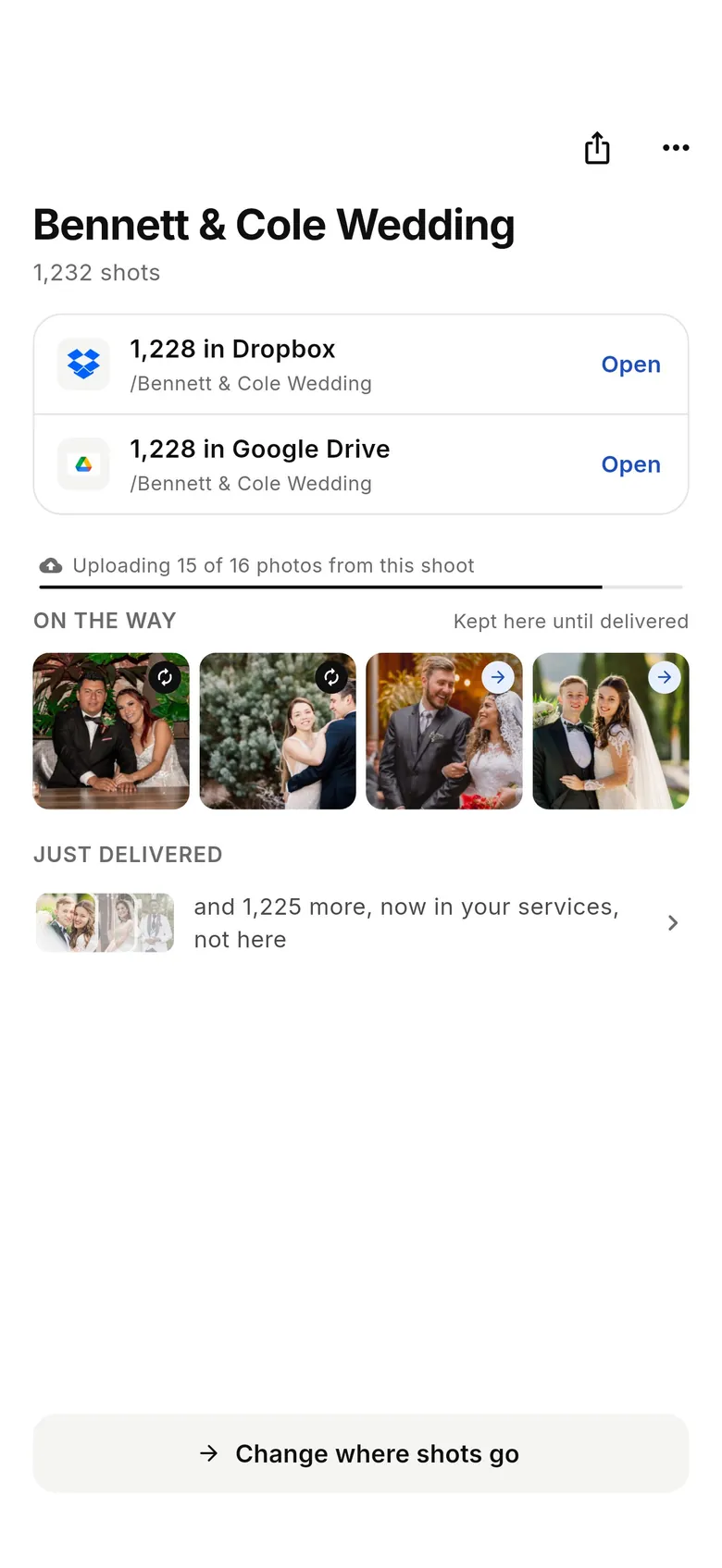 CloudTether 1.1 shoot screen: 1,228 photos in Dropbox and 1,228 in Google Drive with Open links, shots on the way and Change where shots go