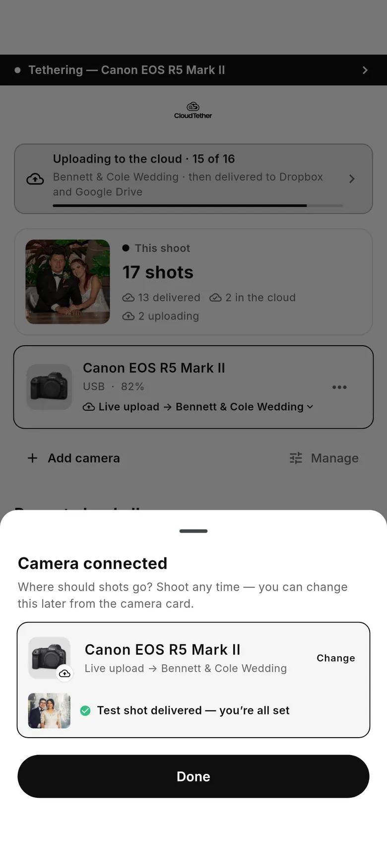 CloudTether 1.0 Camera connected sheet: live upload to a cloud album, test shot delivered