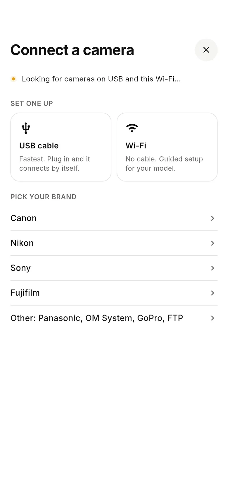 CloudTether Connect a camera screen with USB cable and Wi-Fi options and a list of camera brands