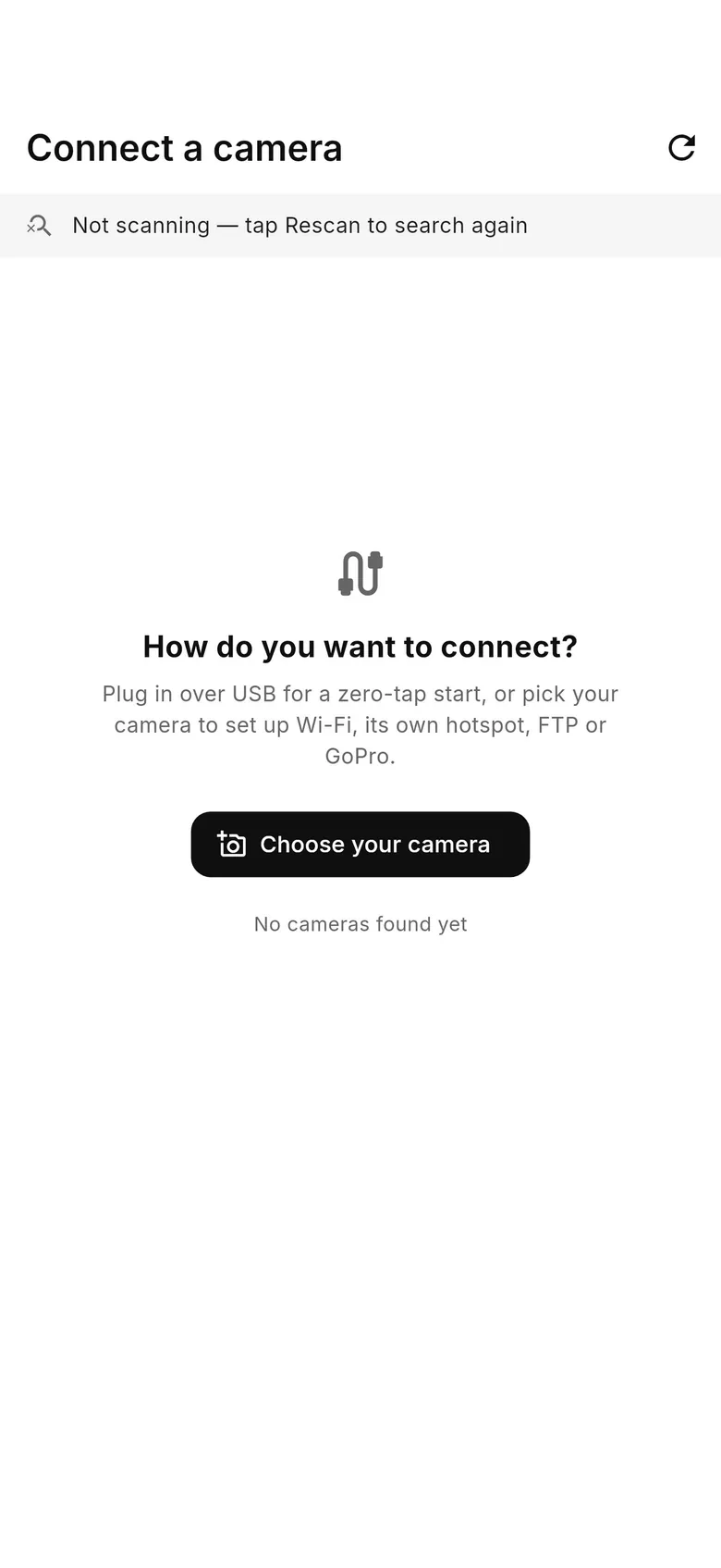 CloudTether 1.0 Connect a camera screen asking how do you want to connect, with a Choose your camera button