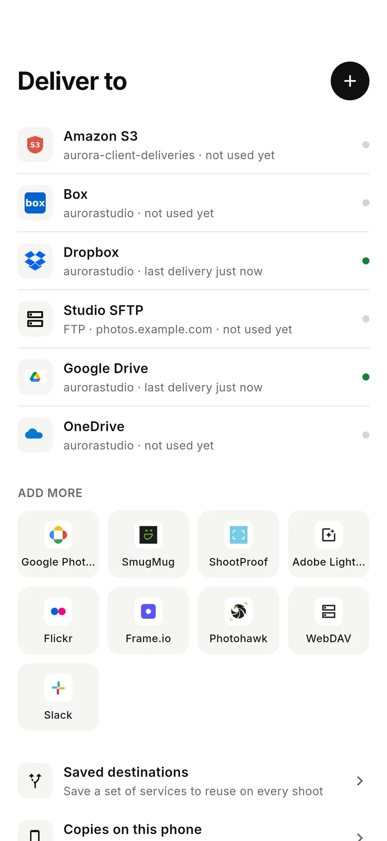 CloudTether Deliver to screen listing connected services, with Photohawk among the services you can add