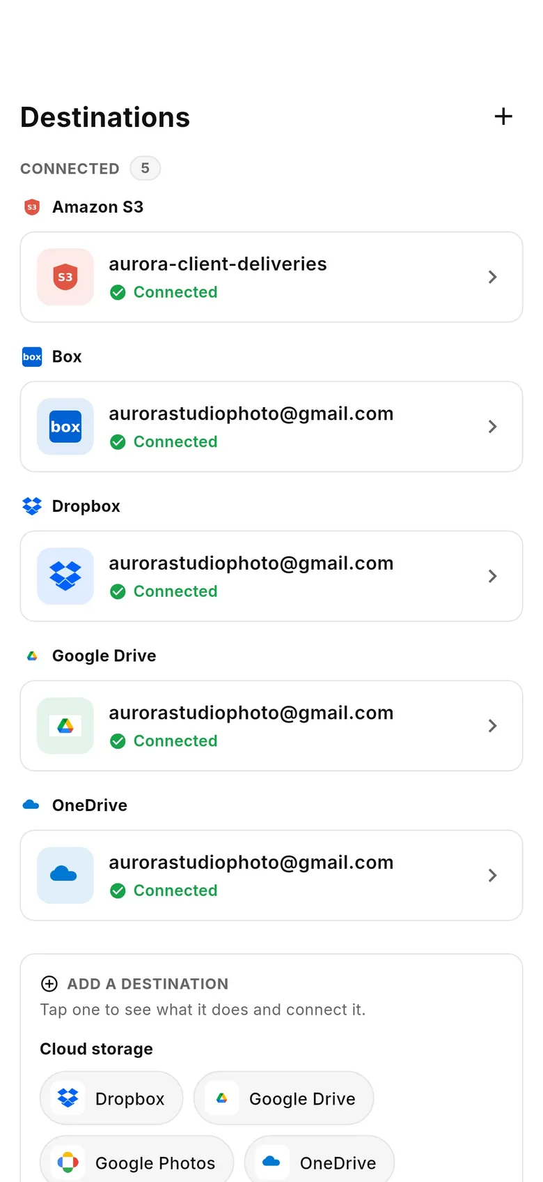 CloudTether 1.0 Destinations tab with connected Dropbox, Google Drive, Box, OneDrive and Amazon S3