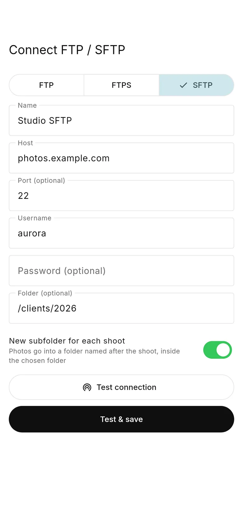 CloudTether 1.1 Connect FTP / SFTP form with SFTP selected, host photos.example.com, folder /clients/2026 and New subfolder for each shoot switched on