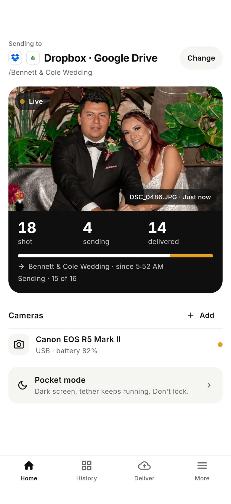 CloudTether 1.1 Home screen: Sending to Dropbox · Google Drive, live counts, the connected camera and Pocket mode