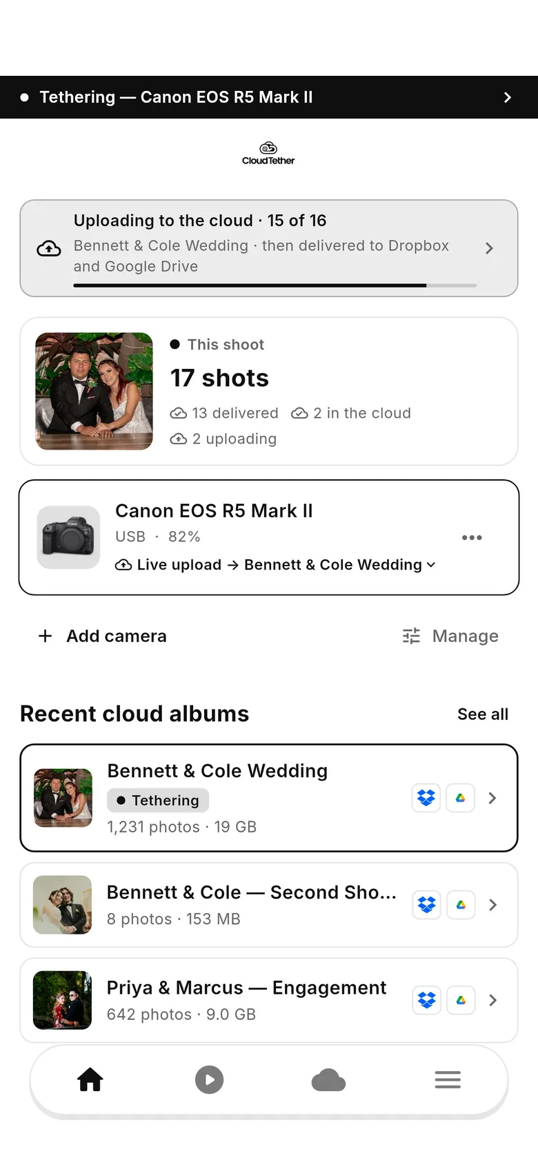CloudTether 1.0 Home screen with This shoot counts, a tethered Canon camera card and Recent cloud albums