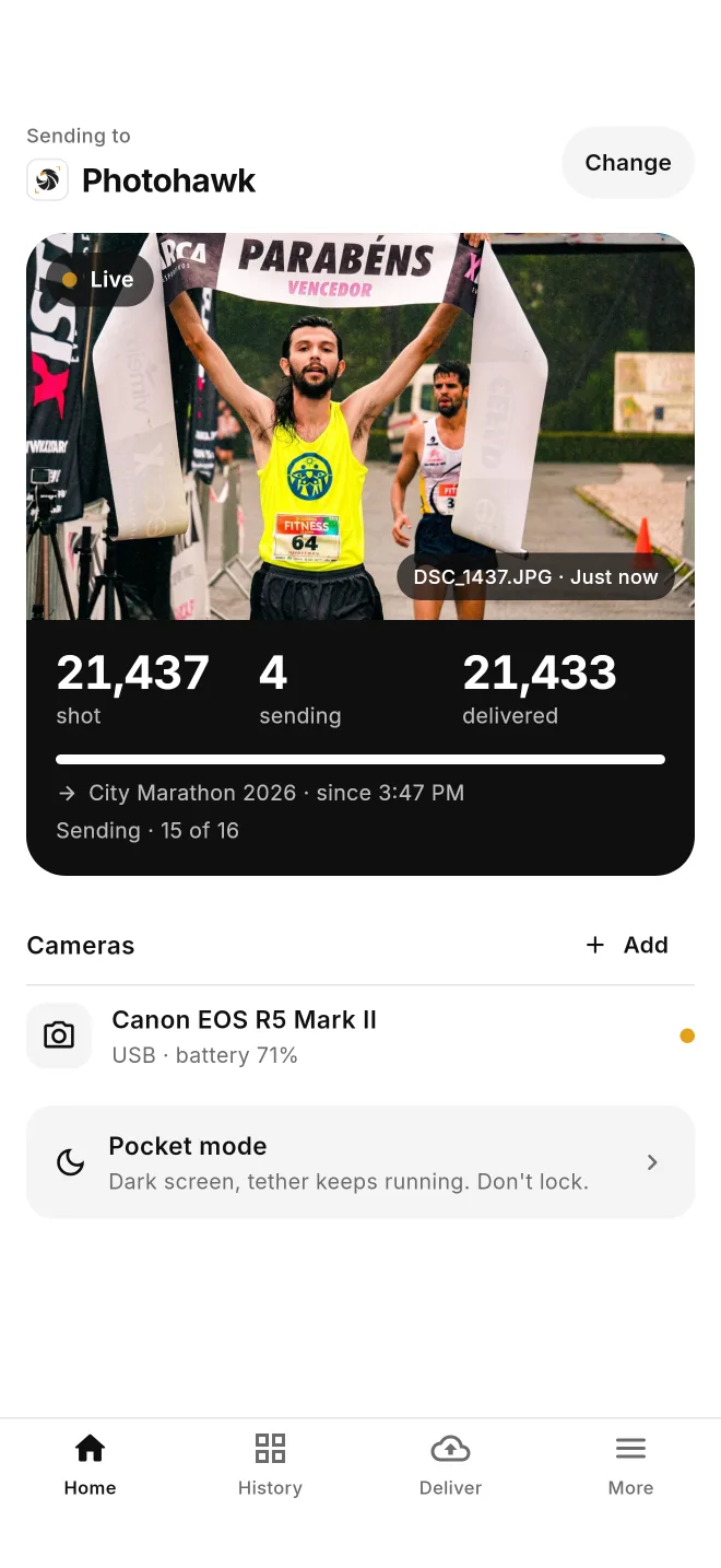 CloudTether Home screen sending to Photohawk during a sample City Marathon 2026 shoot: a runner crossing the finish line as the latest photo, with 21,437 shot, 4 sending and 21,433 delivered