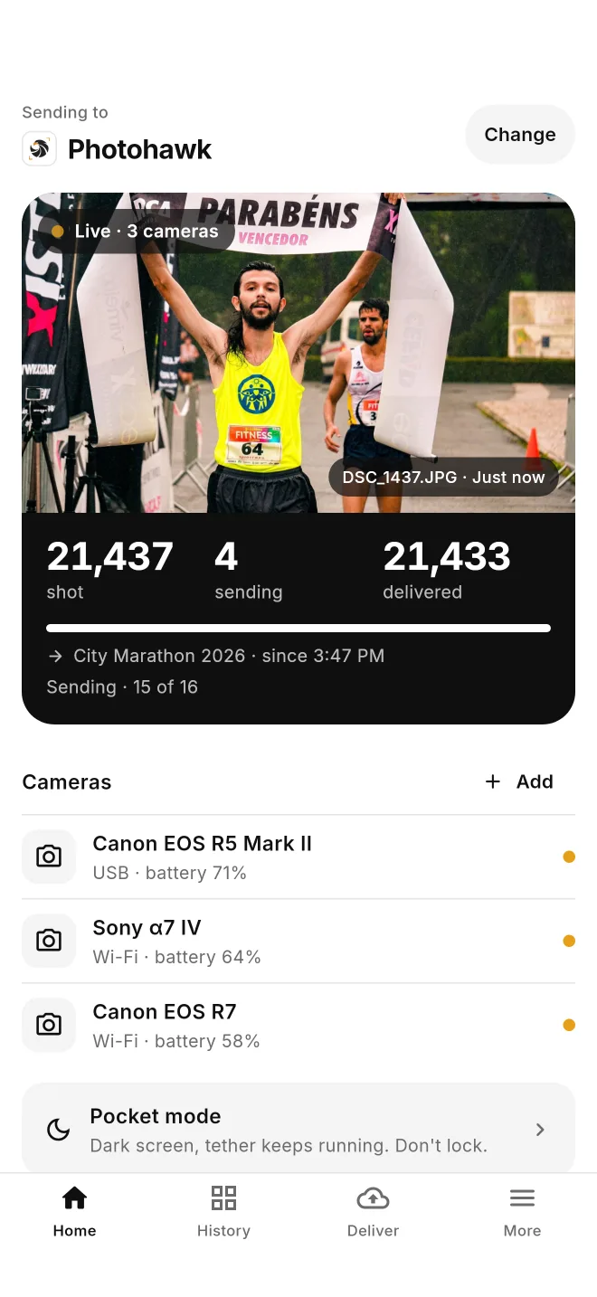 CloudTether Home screen with three cameras — Canon EOS R5 Mark II over USB, Sony α7 IV and Canon EOS R7 over Wi-Fi — live on one sample City Marathon 2026 shoot