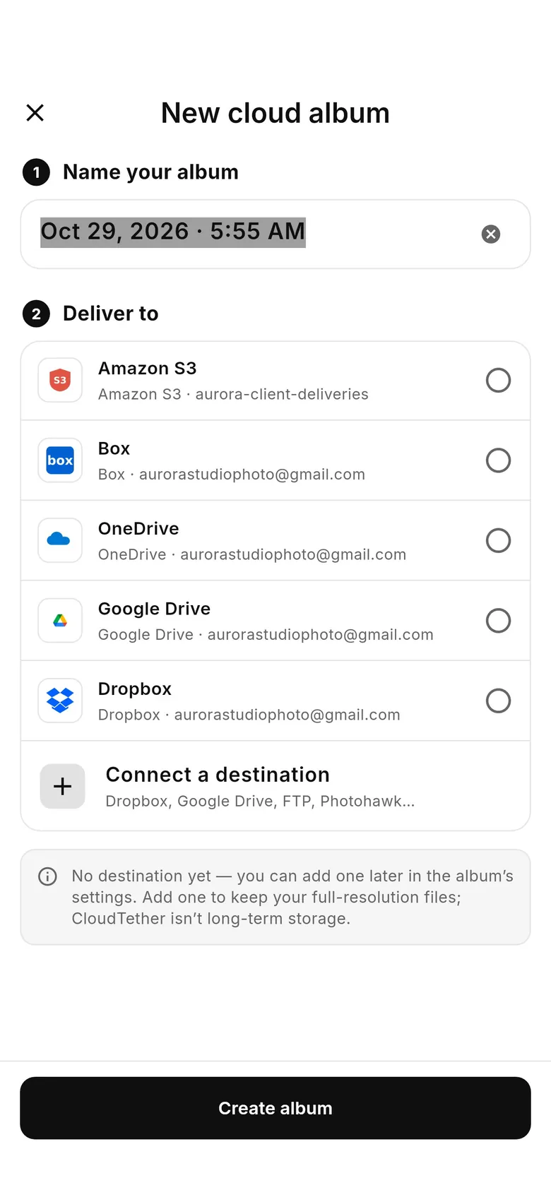CloudTether 1.0 New cloud album screen: name your album and choose destinations