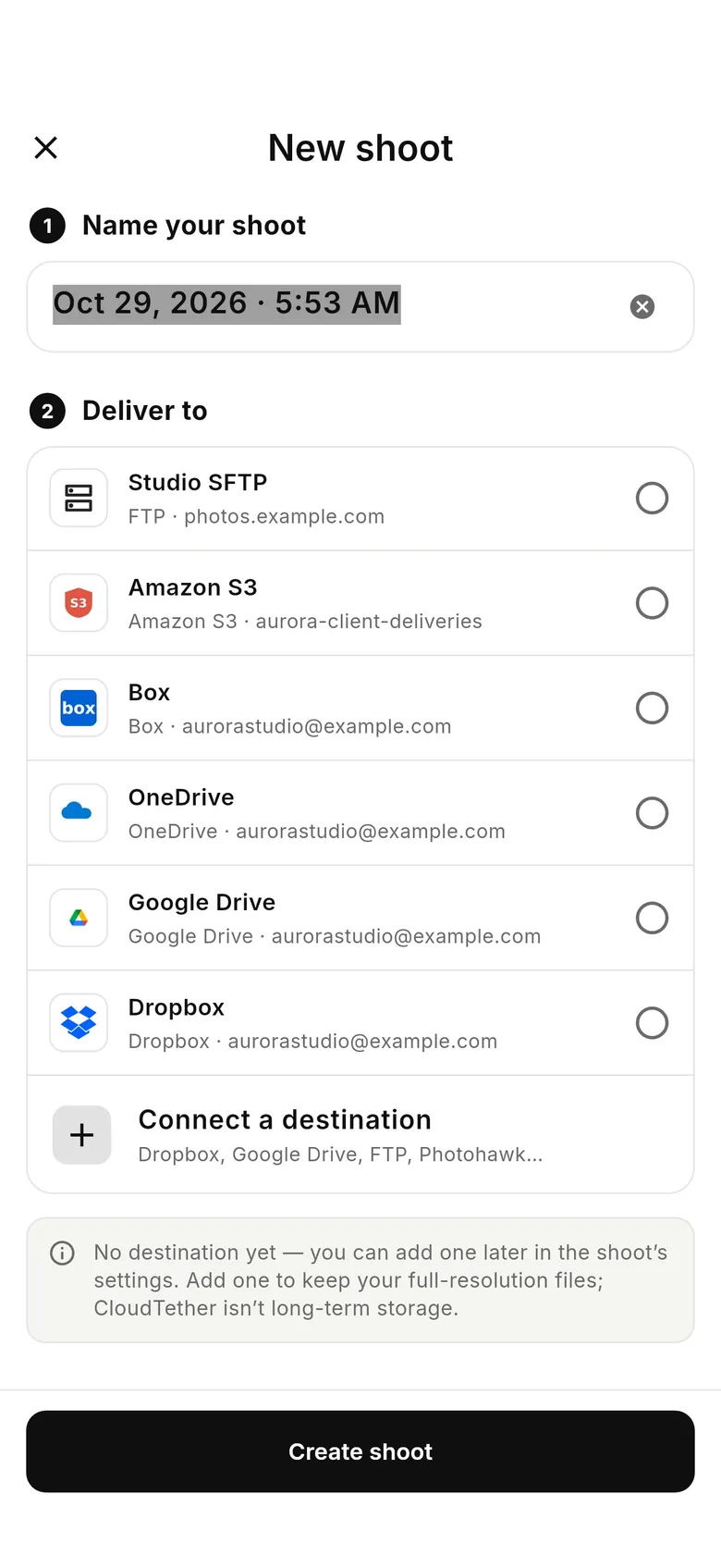 CloudTether 1.1 New shoot screen: name your shoot and choose destinations