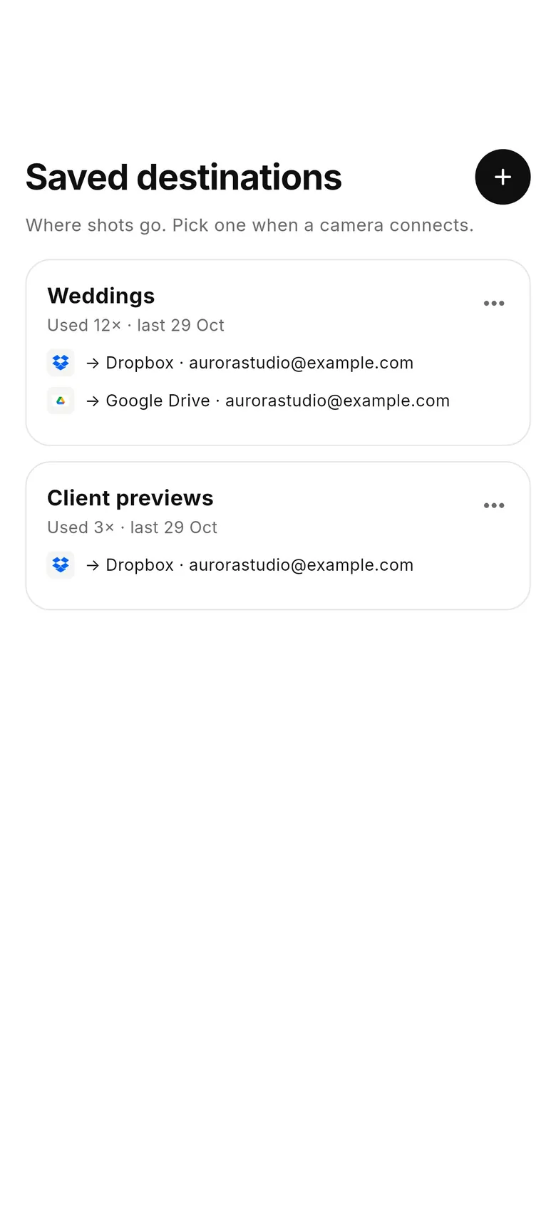 CloudTether 1.1 Saved destinations screen with named sets of services and how often each was used
