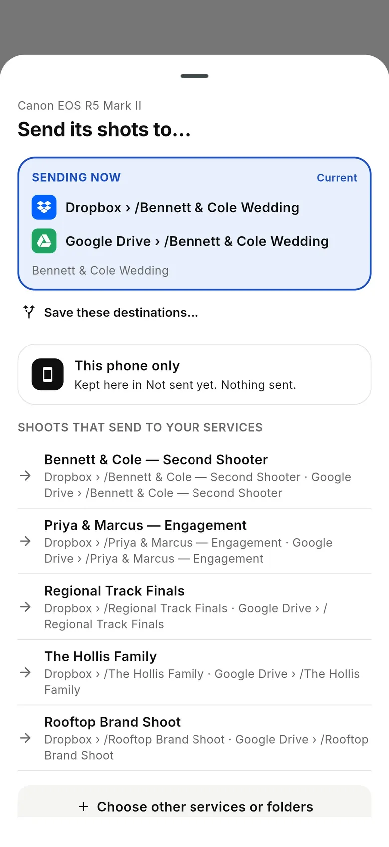 CloudTether 1.1 Send its shots to picker showing the services the shoot is sending to, This phone only and earlier shoots