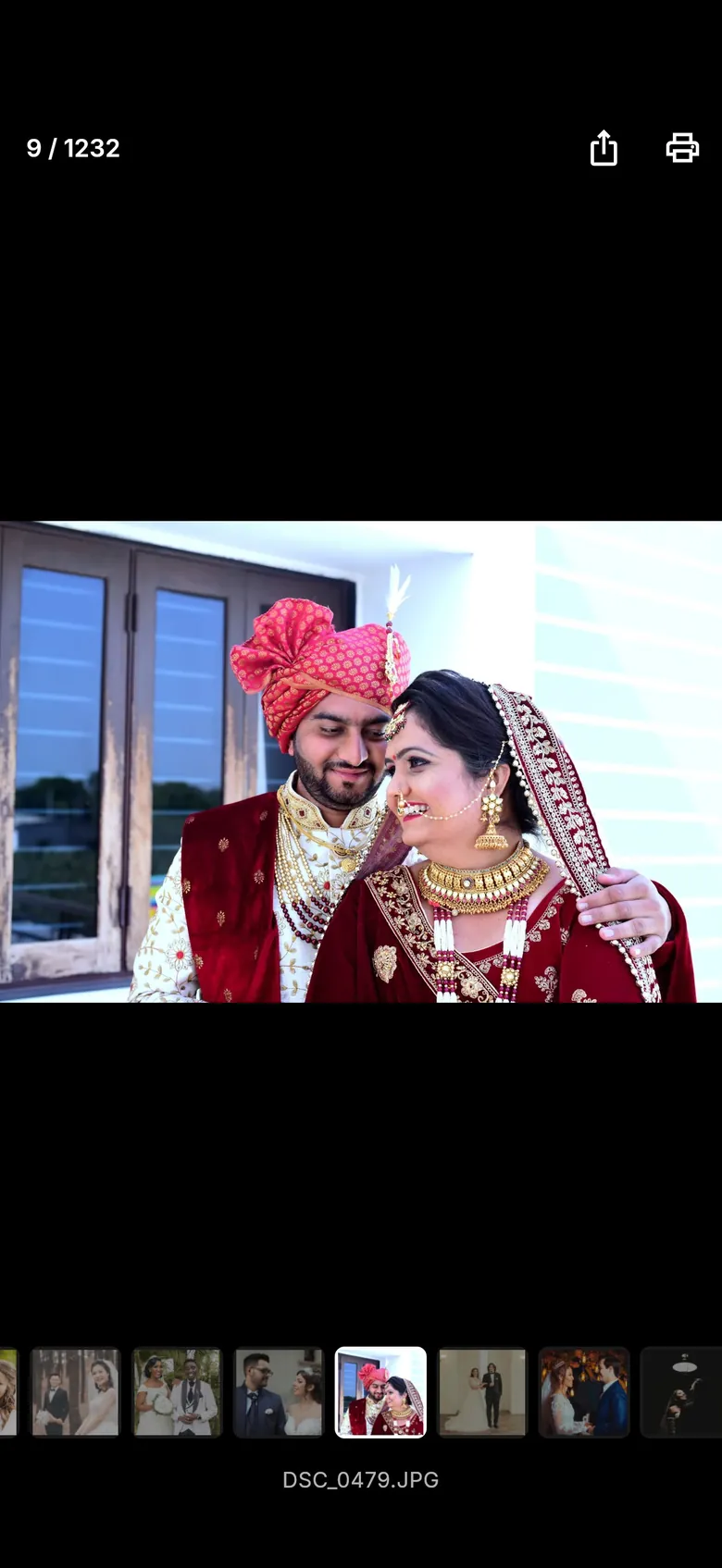 CloudTether 1.1 full-screen photo viewer showing one wedding photo with the shoot's thumbnails along the bottom