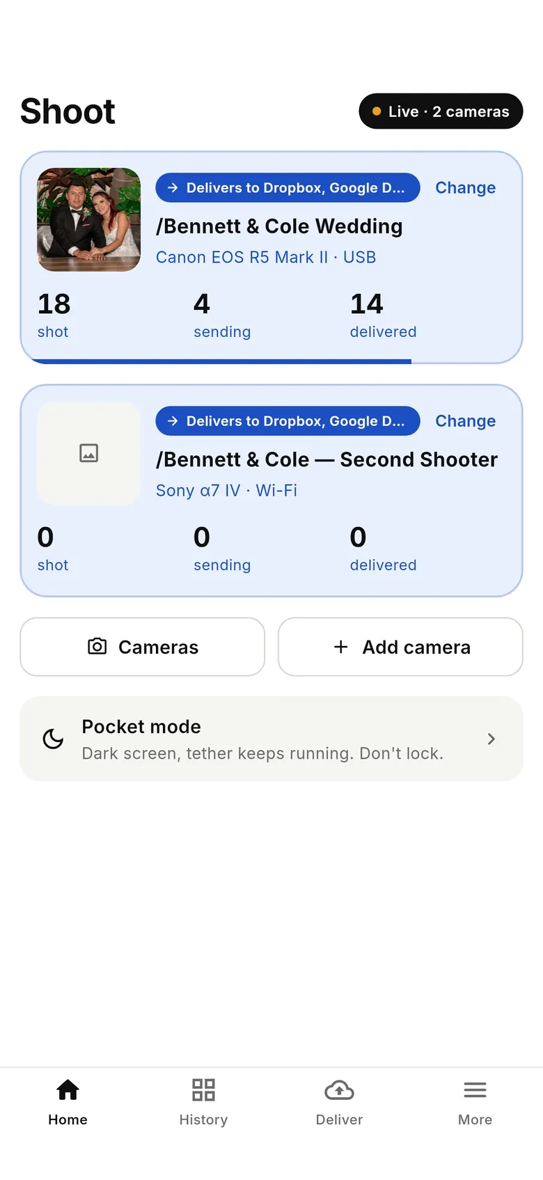 CloudTether 1.1 Home screen with two cameras connected and sending at once