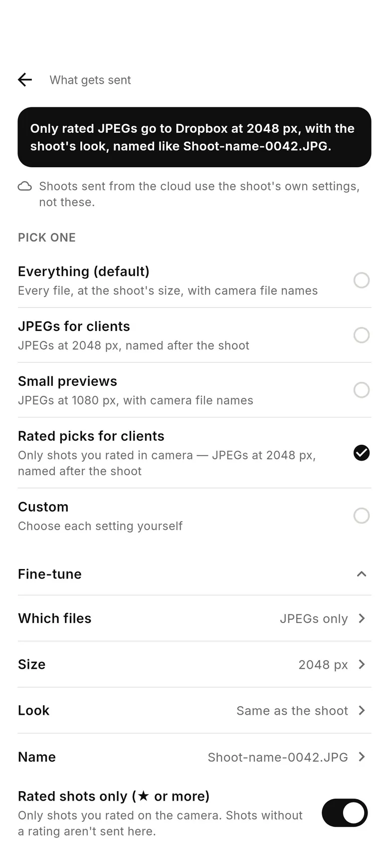 CloudTether 1.1 What gets sent screen for Dropbox with presets Everything, JPEGs for clients, Small previews and Custom