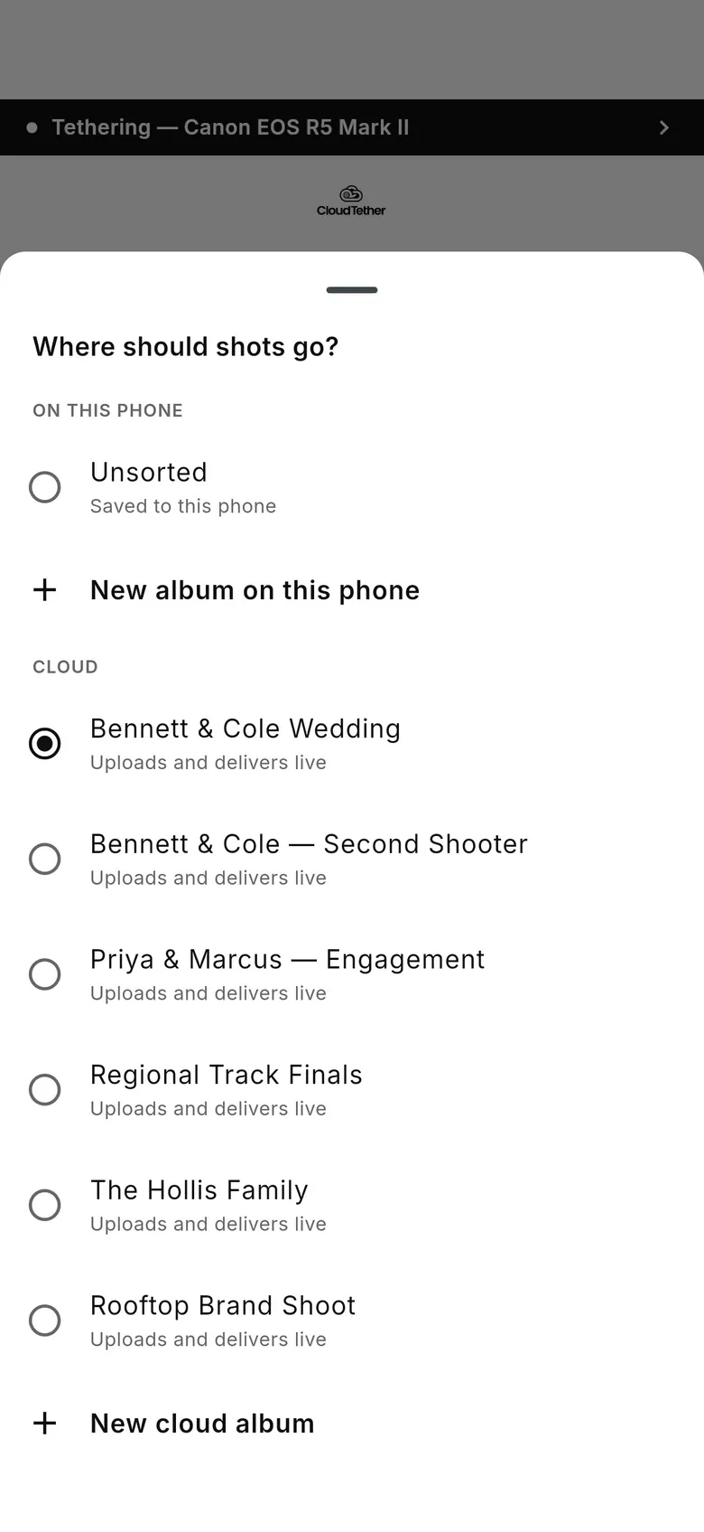 CloudTether 1.0 Where should shots go picker listing Unsorted, phone albums and cloud albums